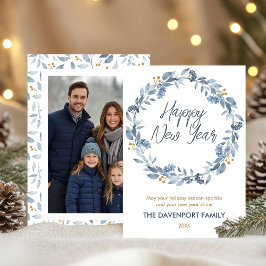 Tarjeta Festiva Elegante Corona de Verde Acuarela Azul Foto