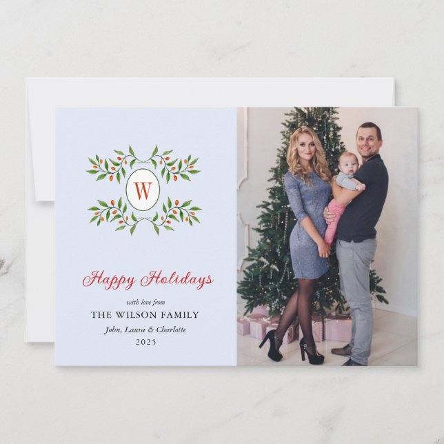 Tarjeta Festiva Elegante corona monogramada con festividad azul de (Anverso)