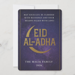 Tarjeta Festiva Elegante Creciente de Oro en Starry Night Sky Eid