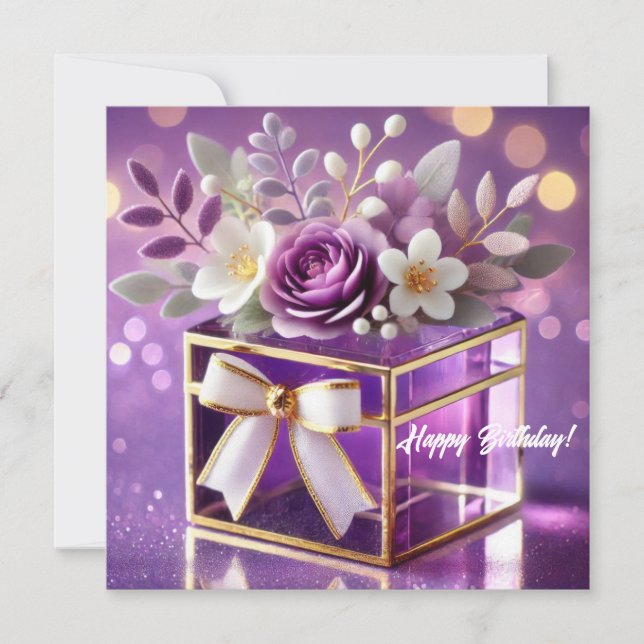 Tarjeta Festiva Elegante cristal violeta regalo floral de oro chif (Anverso)