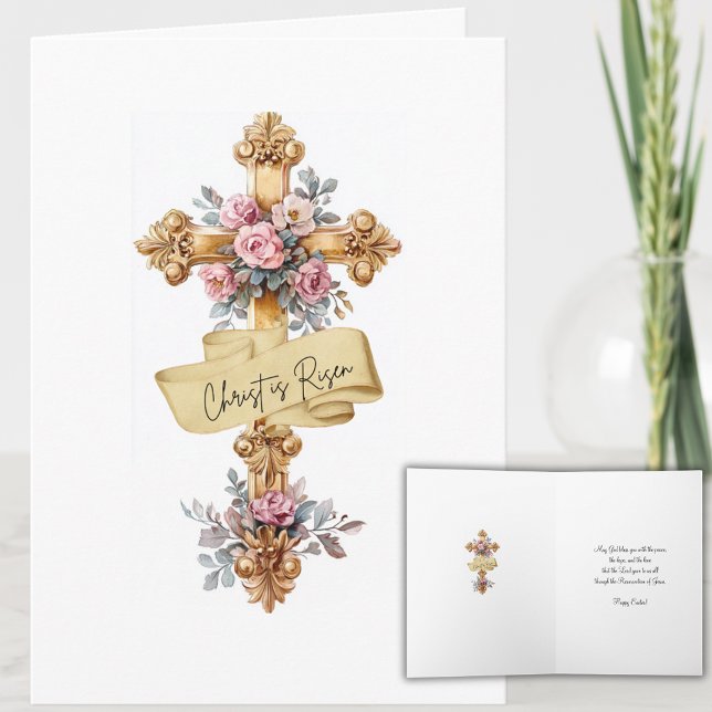 Tarjeta Festiva Elegante "Cristo está en ascenso" Cruz Floral Pasc (Subido por el creador)