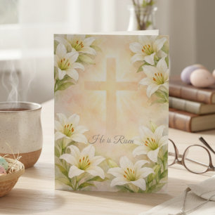 Tarjeta Festiva Elegante Cruz de Lirio Blanco Pascua Religión Cris