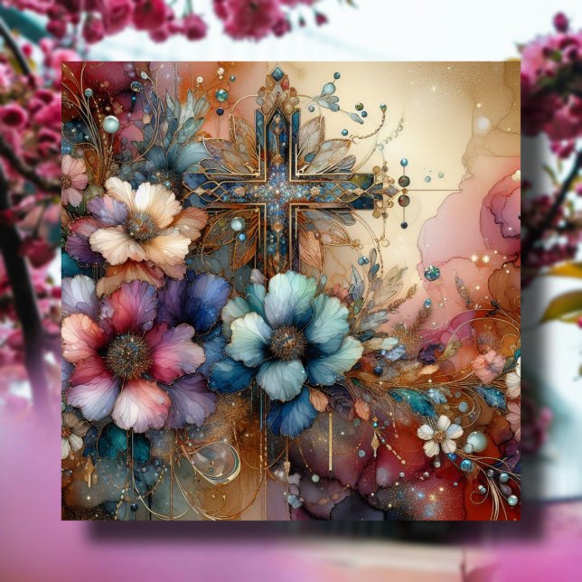 Tarjeta Festiva Elegante Cruz de Pascua Flores de Agua Cristiana (Subido por el creador)
