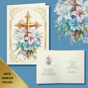 Tarjeta Festiva Elegante cruz religiosa de Pascua de oro con lirio