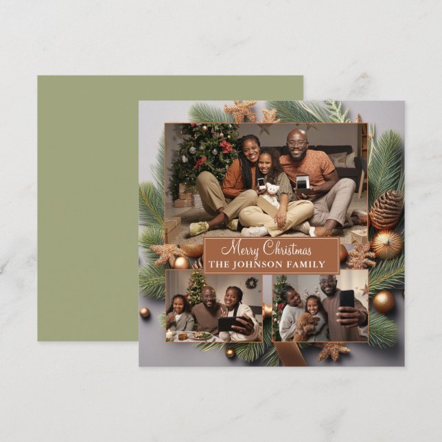 Tarjeta Festiva Elegante Cute 3 Navidades de la familia fotográfic (Anverso / Reverso)