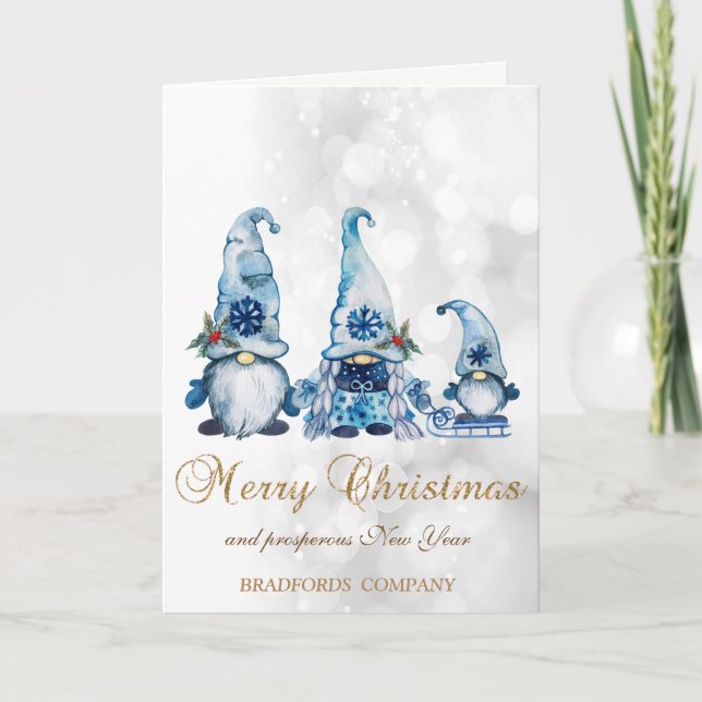 Tarjeta Festiva Elegante Cute Blue Gnomes Bokeh (Anverso)