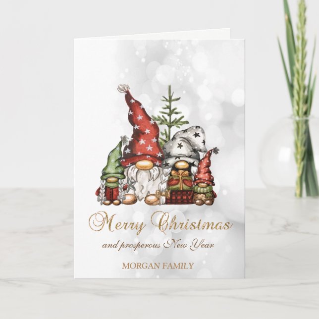 Tarjeta Festiva Elegante Cute Gnomes Family Bokeh (Anverso)