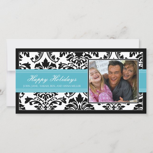 Tarjeta Festiva Elegante Damask Black & Aqua Personalizado Felices (Anverso)