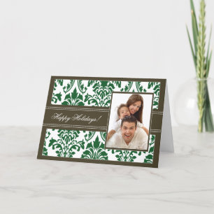 Tarjeta Festiva Elegante Damask Happy Holidays Card (marrón/verde)