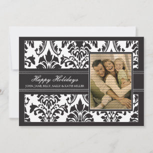 Tarjeta Festiva Elegante Damask Negro y Blanco 5x7 Felices vacacio