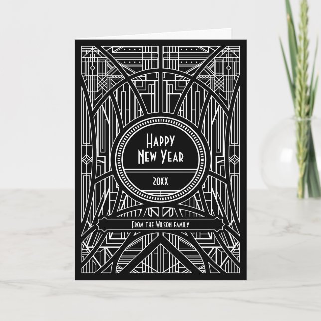 Tarjeta Festiva Elegante deco de arte Feliz Año Nuevo negro (Anverso)