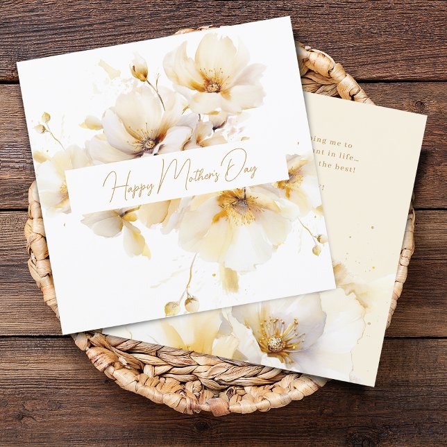 Tarjeta Festiva Elegante Día de la Madre con flores de oro blanco (Elegant White Gold Flowers Mother's Day Holiday Card)