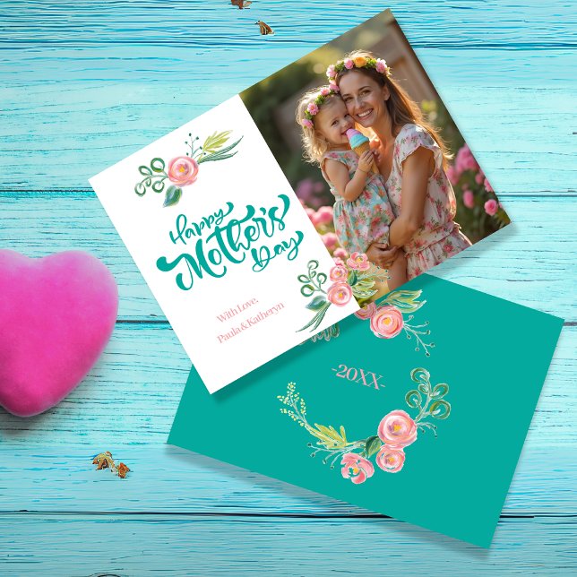 Tarjeta Festiva Elegante Día Verde azulado y de la Madre Floral Ro (Elegant Teal & Pink Floral Mother’s Day with Photo Holiday Card)