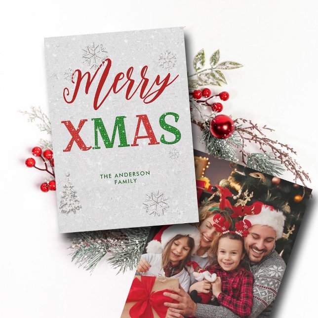Tarjeta Festiva Elegante Diamante de imitación Verde Rojo Fotos na (Merry Christmas winter wonderland rhinestones sparkle red green white family photo holiday card chic)