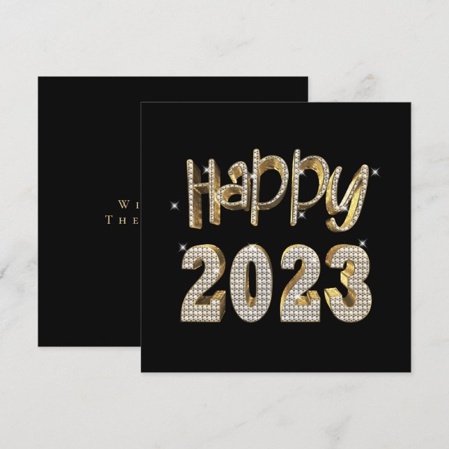Tarjeta Festiva Elegante diamantes blancos negros y dorados Feliz  (Anverso / Reverso)