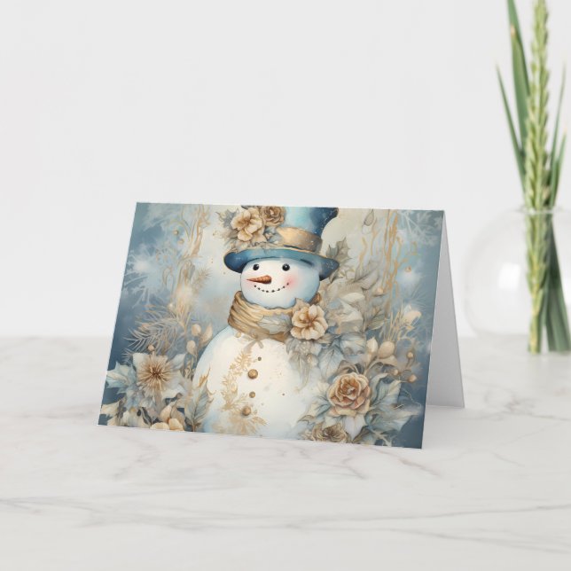 Tarjeta Festiva Elegante diseño azul y dorado de vacaciones en Sno (Anverso)