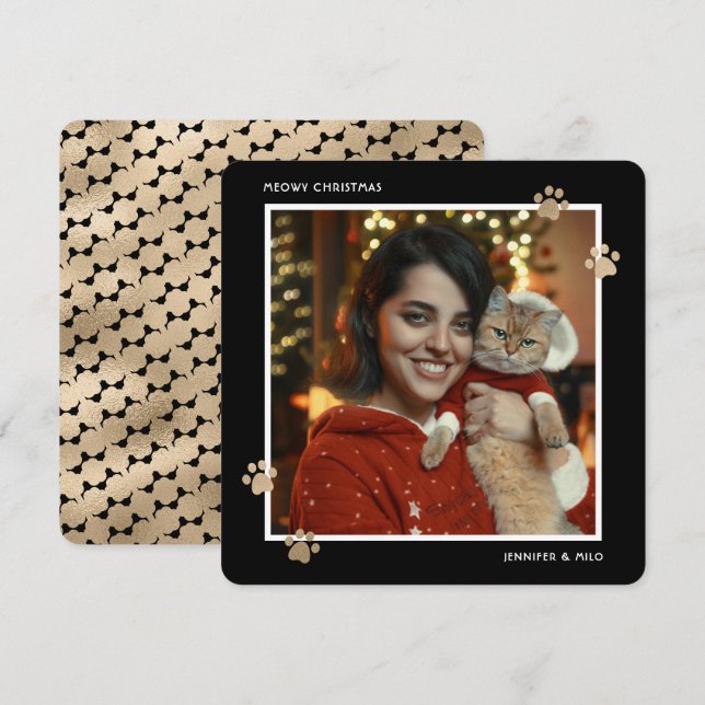 Tarjeta Festiva Elegante dueño de gato de oro negro foto Navidades (Anverso / Reverso)