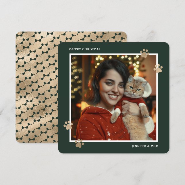 Tarjeta Festiva Elegante dueño de gato de oro verde foto Navidades (Anverso / Reverso)