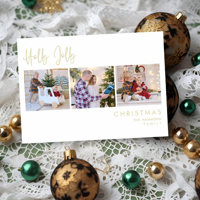 Tarjeta Festiva Elegante Efecto Oro Holly Jolly 3 Fotos Navidades (Elegant Gold Effect Holly Jolly 3 Photos Christmas Holidays Cards.)
