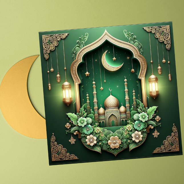 Tarjeta Festiva Elegante Eid Mubarak Crescent Mezquita Floral Verd (Subido por el creador)