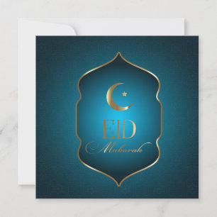 Tarjeta Festiva Elegante Eid Mubarak Crescent Star Gold Frame Azul