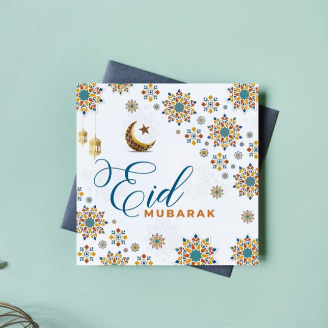 Tarjeta Festiva Elegante Eid Mubarak Luna Estrellas (eid cards happy mubarak eid al adha islam calligraphy ramadan kareem arabic muslim moon white blue)