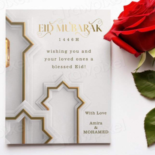 Tarjeta Festiva Elegante Eid ul Adha Mubarak Blanco y Dorado Islám (Subido por el creador)