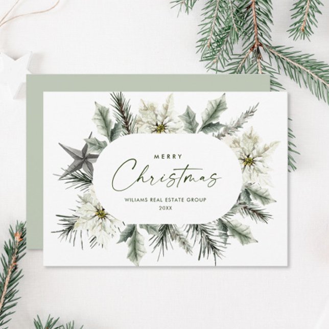 Tarjeta Festiva Elegante empresa de Navidades de Poinsettia Blanca (Subido por el creador)
