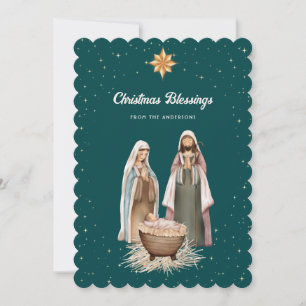 Tarjeta Festiva Elegante escena de la Natividad verde destaca cris