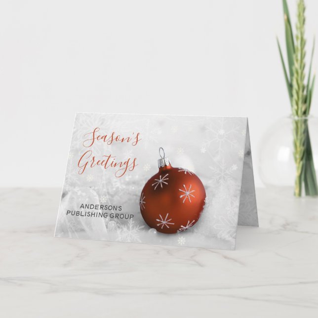 Tarjeta Festiva Elegante Escena de Nieve Naranja Ornament Company  (Anverso)