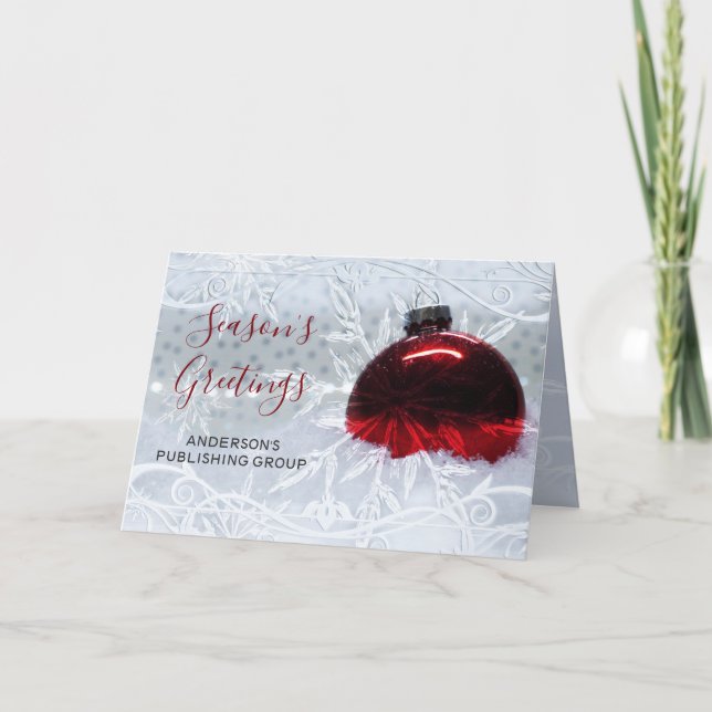 Tarjeta Festiva Elegante Escena de Nieve Ornamento Rojo Vacaciones (Anverso)