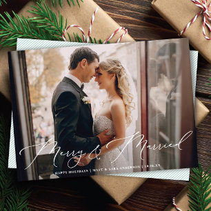 Tarjeta Festiva Elegante escritura blanca mora y foto casada