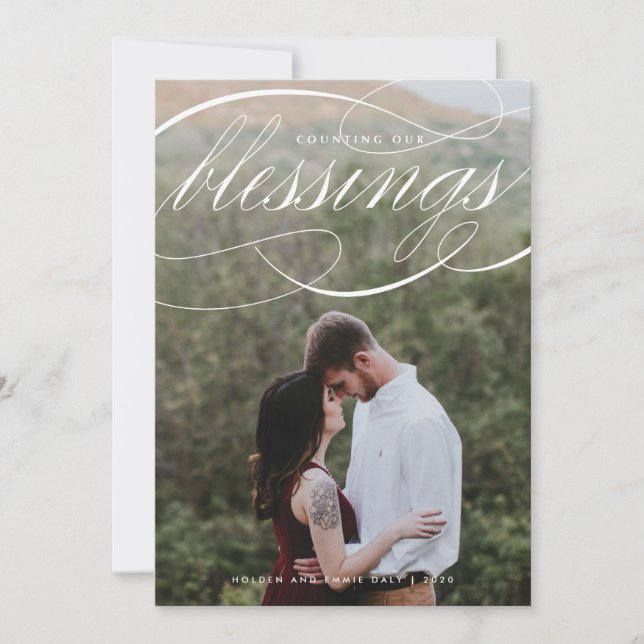 Tarjeta Festiva Elegante escritura contando nuestra foto de bendic (Anverso)