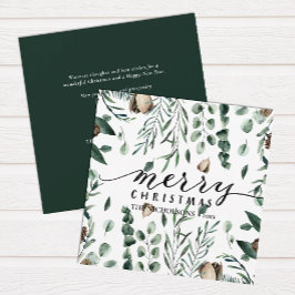 Tarjeta Festiva Elegante escritura negra Magnolia Eucalyptus Green