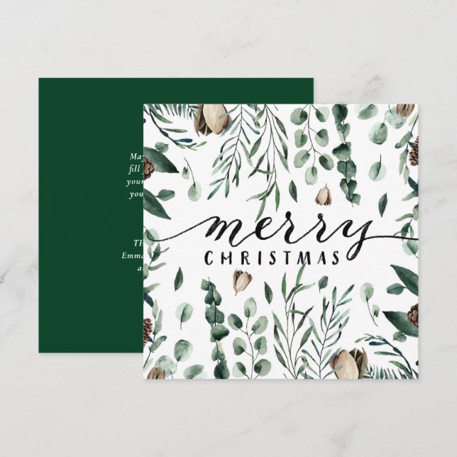Tarjeta Festiva Elegante escritura negra Magnolia Eucalyptus Green (Anverso / Reverso)