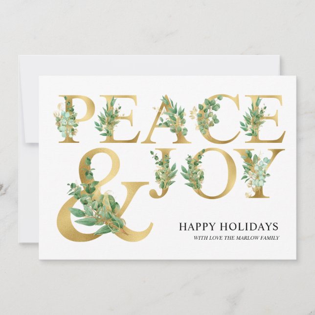 Tarjeta Festiva Elegante Eucalyptus Gold Peace and Joy Family Phot (Anverso)