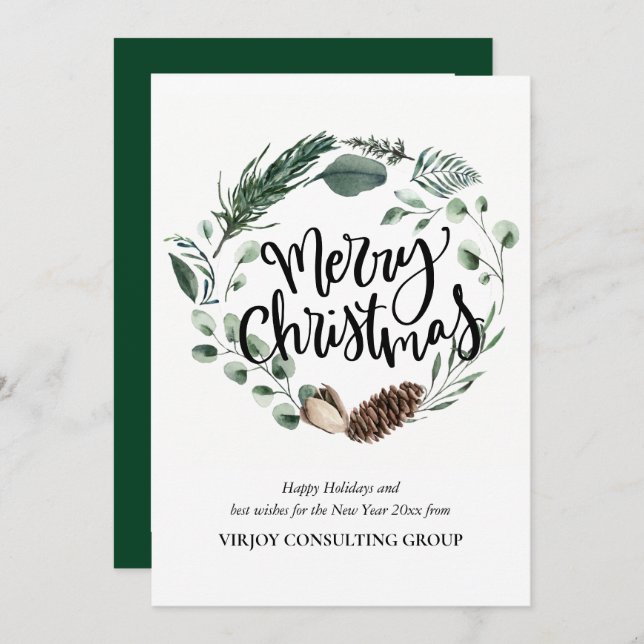 Tarjeta Festiva Elegante Eucalyptus Pine Foliage Wreath Business (Anverso / Reverso)