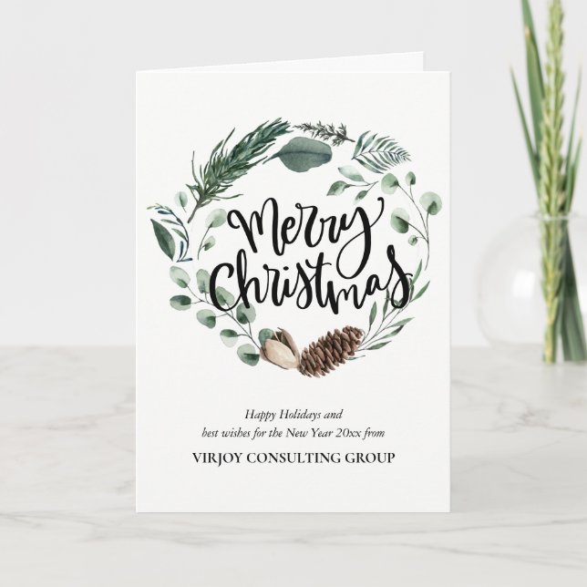Tarjeta Festiva Elegante Eucalyptus Pine Greenery Photo Business (Anverso)