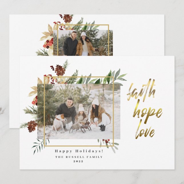 Tarjeta Festiva Elegante Faith Hope Ama A Dos Navidades De Fotogra (Anverso / Reverso)