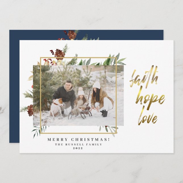 Tarjeta Festiva Elegante Faith Hope Love 2 Photo Navidades (Anverso / Reverso)