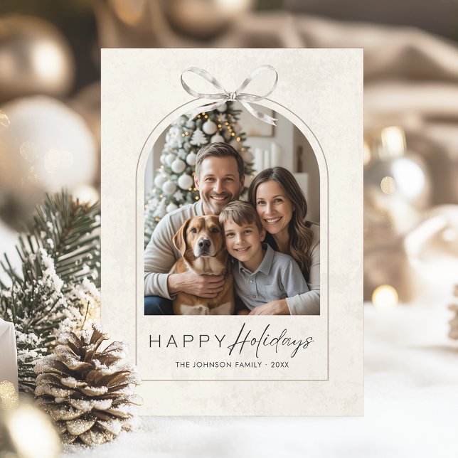 Tarjeta Festiva Elegante Familia De Arcos Modernos Foto Simple Bow (Modern boho arch family photo christmas card. Minimal yet elegant for sharing the holiday love)