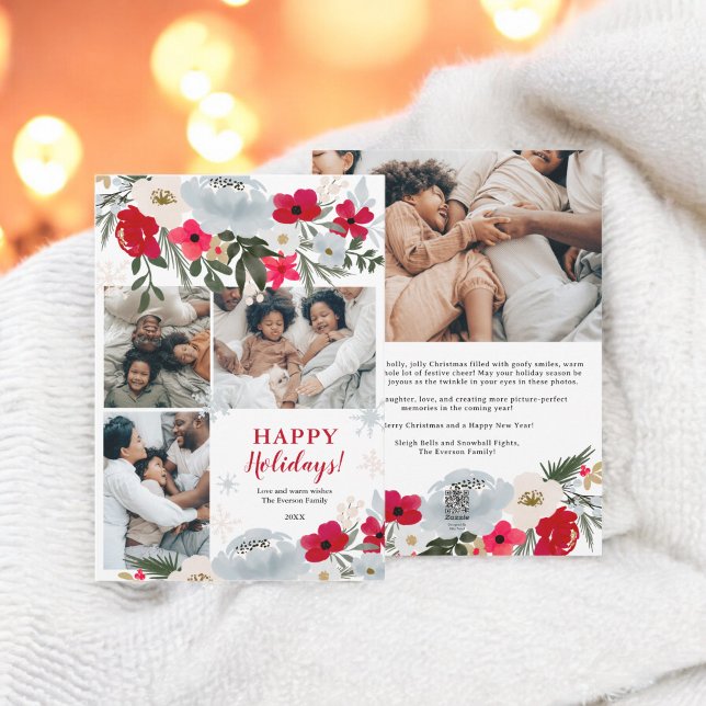 Tarjeta Festiva Elegante familia de copos de nieve con flores Red  (Elegant Red Green floral snowflake family 4 photos Holiday Card)