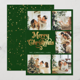 Tarjeta Festiva Elegante familia de Navidades Retro Green y Faux G