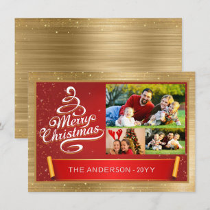 Tarjeta Festiva Elegante familia de tres fotos de oro y Personaliz