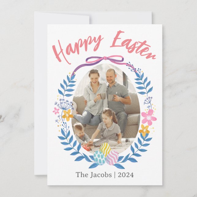 Tarjeta Festiva Elegante familia Eggs Happy Easter una foto (Anverso)