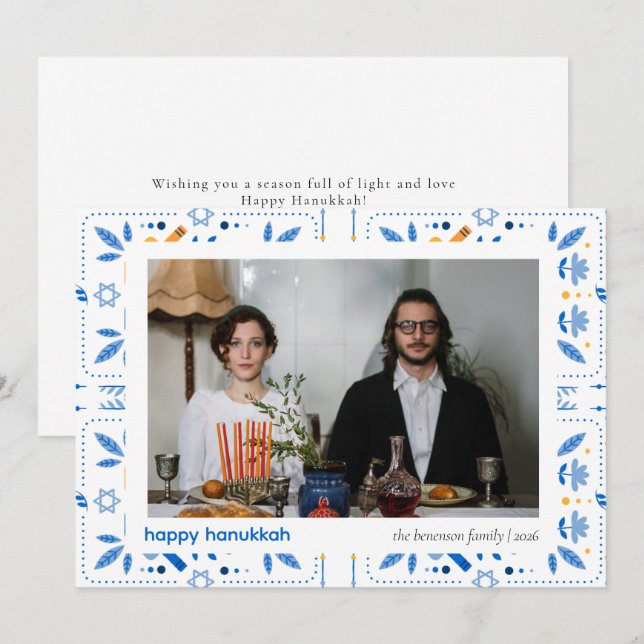 Tarjeta Festiva Elegante Familia Hanukkah Blue Happy 1 Foto (Anverso / Reverso)