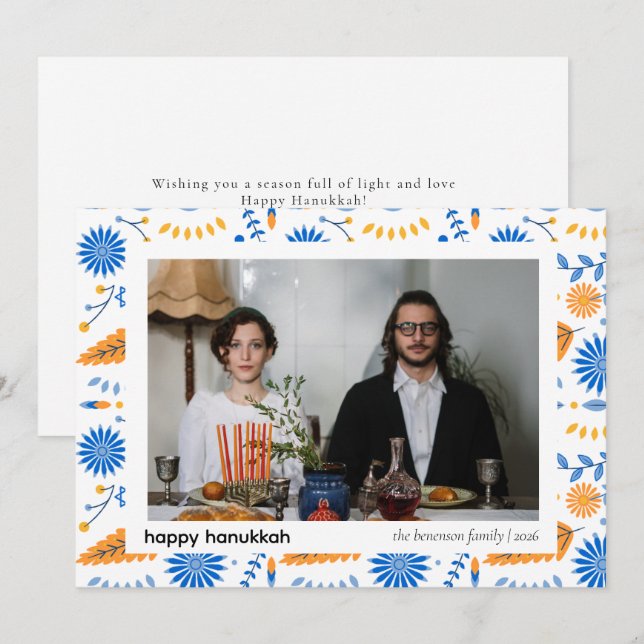 Tarjeta Festiva Elegante Familia Hanukkah Blue Happy 1 Foto (Anverso / Reverso)