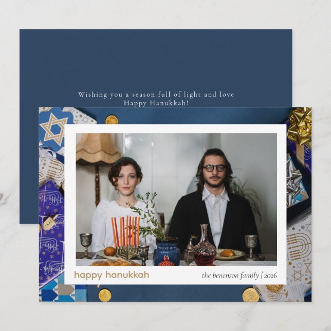 Tarjeta Festiva Elegante Familia Hanukkah Blue Happy 1 Foto (Anverso / Reverso)