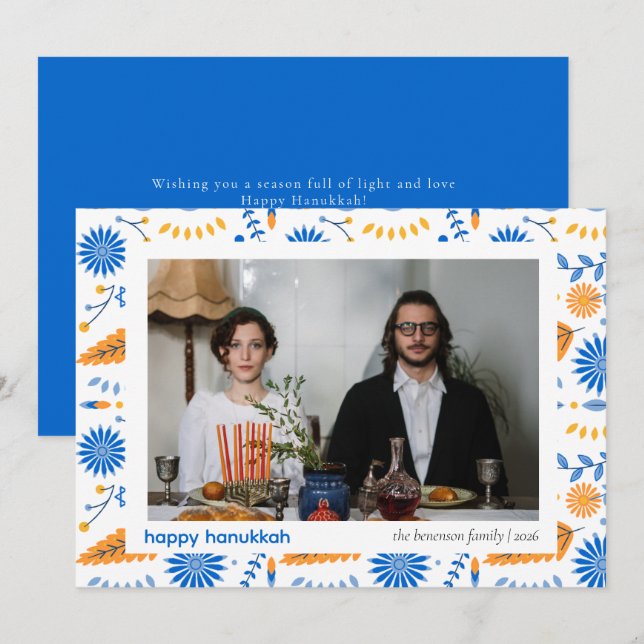 Tarjeta Festiva Elegante Familia Hanukkah Blue Happy 1 Foto (Anverso / Reverso)