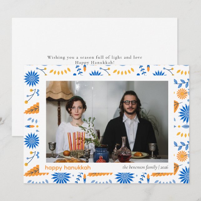 Tarjeta Festiva Elegante Familia Hanukkah Blue Happy 1 Foto (Anverso / Reverso)